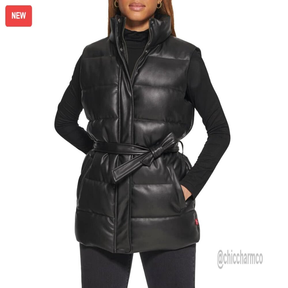 Vegan Leather Puffer Vest with Removable Belt